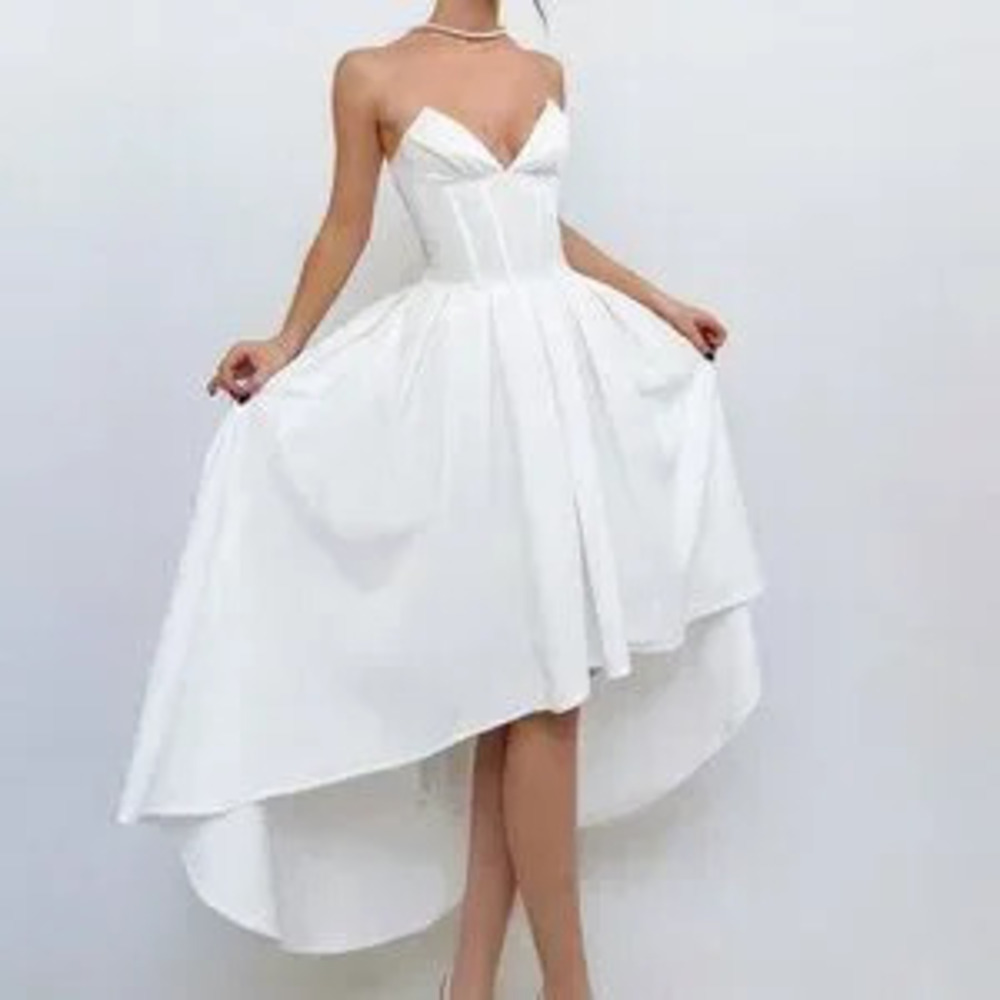White Elegant Women's Asymmetric Hemline Strap Top Breast Cup Midi Dress